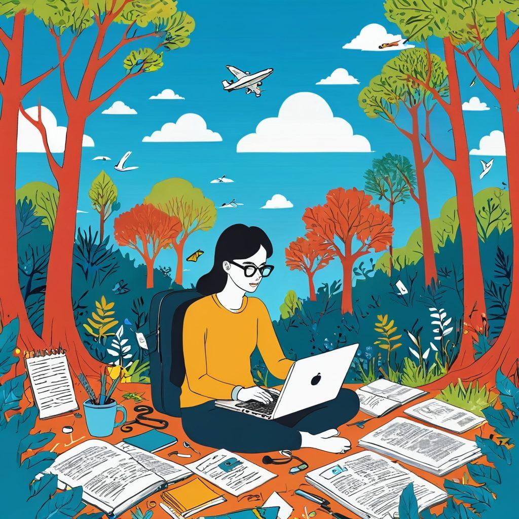 A whimsical illustration of a person navigating a vast online landscape filled with various digital tools and creative elements like pens, notepads, and laptops. In the background, imagery of engaging blog content such as vibrant headlines, eye-catching images, and social media icons entwined in a forest of knowledge, symbolizing a journey through the world of blogging. Bright colors and a clear blue sky enhance the sense of exploration. cartoon style. vibrant colors.