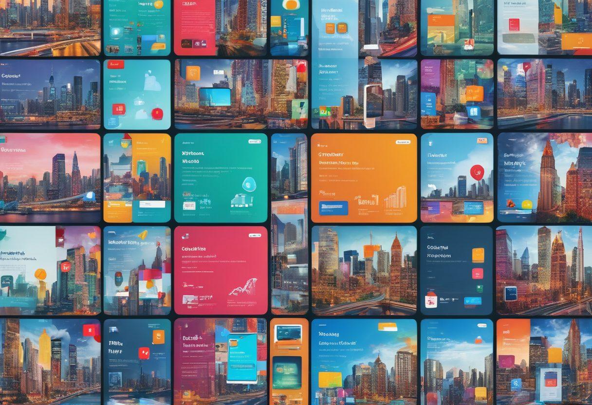 A collage of colorful digital diaries displayed on various screens, showcasing different styles and layouts. Include symbols of social media, engagement metrics, and creative writing elements like pens and notes. Add a backdrop of a bustling city skyline to symbolize the online presence. The overall atmosphere should feel inspiring and innovative. vibrant colors. 3D.