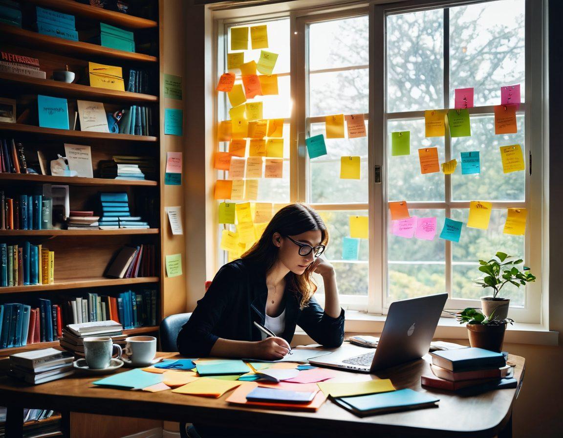A captivating scene of a person at a stylish desk with a laptop, surrounded by colorful sticky notes and a cup of coffee, deep in thought while writing. The background features a bookshelf filled with books about writing and creativity, with a bright window letting in sunlight. An aura of inspiration with whimsical illustrations of ideas and words floating around. super-realistic. vibrant colors. cozy atmosphere.